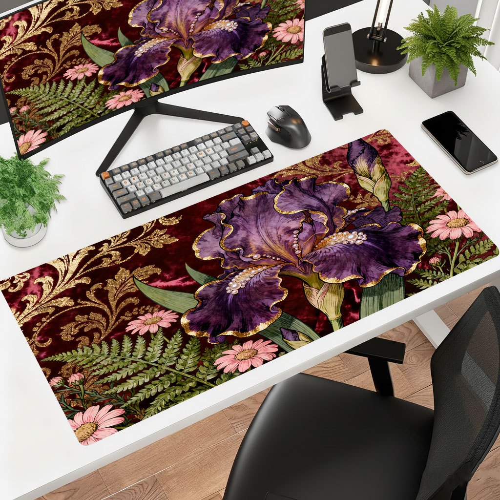 Gaming Keyboard Brand - Marken-Mauspad mit Lila Blumenmuster, Eisenkunst-Schreibtischunterlage, Ultra-HD-Druck,